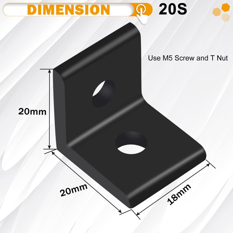 KOOTANS 10Set 2020Series 2 Hole 90 Degree Inside Corner Bracket Kit, Black L Corner Bracket for 2020 Aluminum Extrusion Profile 6mm Slot with 20pcs M5 T Nuts, 20pcs M5 Hex Screw, 1pcs Wrench - Image 2